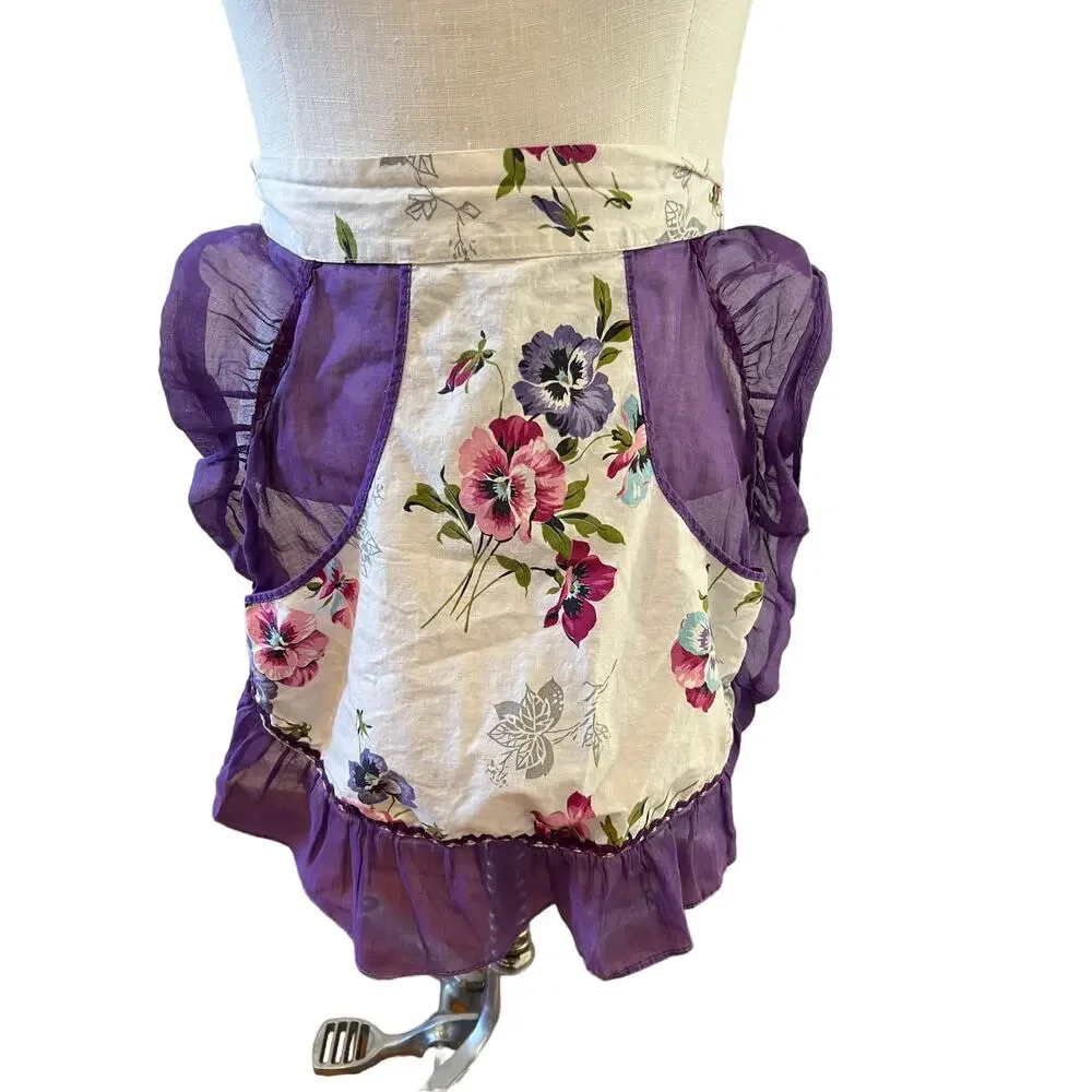 Vintage Pansy Print ruffle half apron ric rac trim